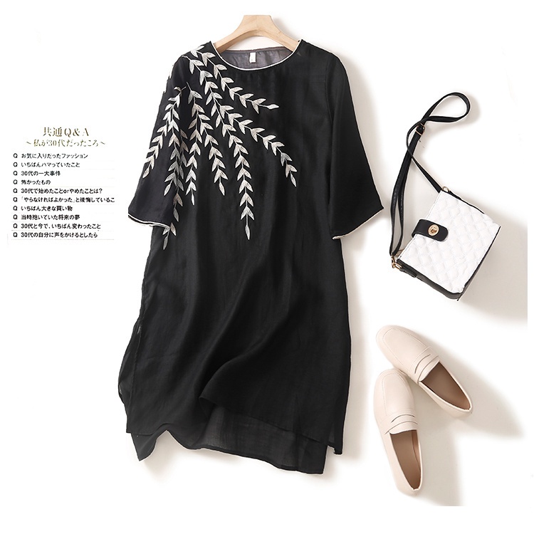 Đầm Cotton Lanh Dáng Rộng Xẻ Tà Thêu Họa Tiết Xinh Xắn Thời Trang Mùa Hè Cho Nữ