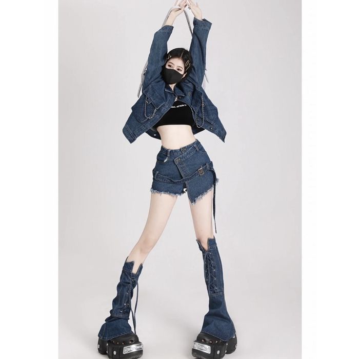 Hot Girl Thiết kế áo khoác bò đường phố cổ điển Quần Short Bò cạp cao không quy tắc cho nữ Bộ hai chiếc mùa thu