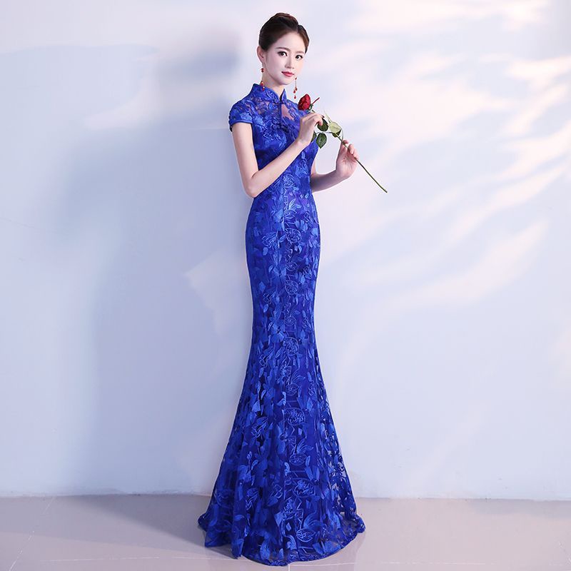 Đầm Sườn Xám Đuôi Cá Dáng Ôm Phối Ren Màu Xanh Dương Phong Cách Trung Hoa Mới