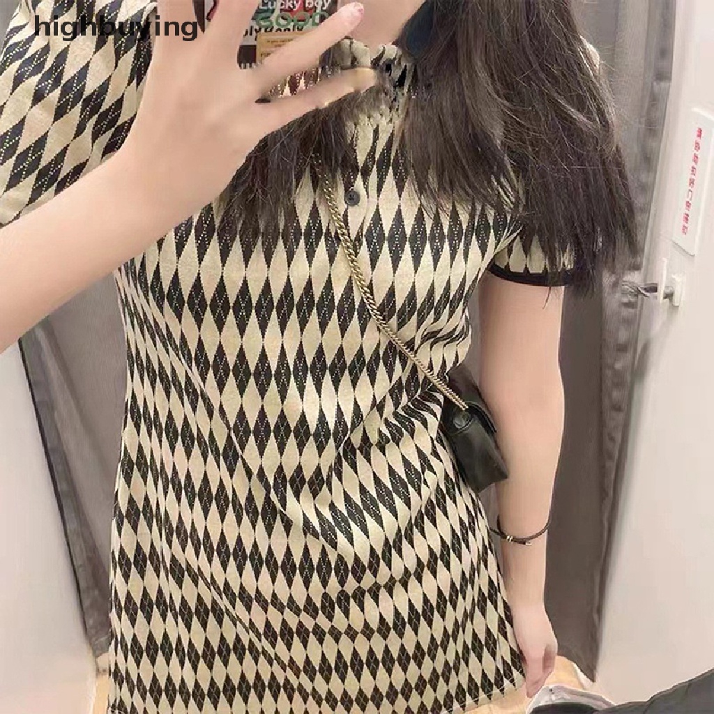 Đầm Dệt Kim Ngắn Tay Cổ Bẻ Đính Kim Cương Giả Thời Trang Mùa Hè Cho Nữ Y2K