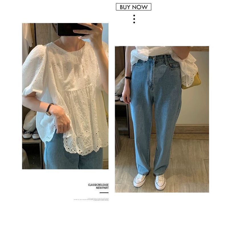 Áo Sơ Mi Tay Ngắn Phồng Thêu Họa Tiết Thời Trang Mùa Hè 2023 Cho Nữ