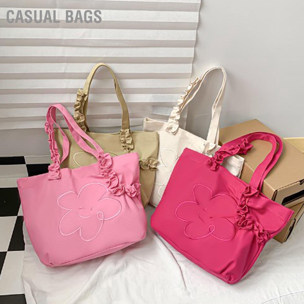 Có hàng sẵn Tươi mát tinh khiết thêu nụ cười mặt cười túi vải vải nữ Tote nếp gấp ren túi xách một vai sinh viên đại học túi lớp học