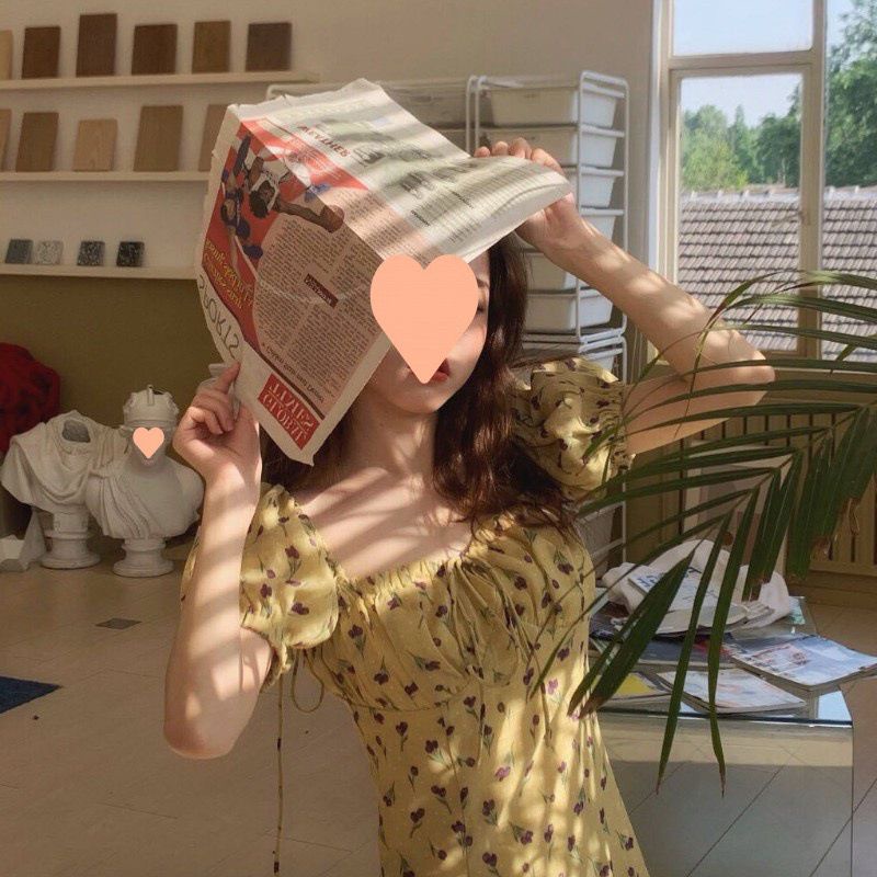 Đầm Dáng Chữ A Cổ Vuông Cột Dây Họa Tiết Hoa Tulip Phong Cách Retro Hàn Quốc