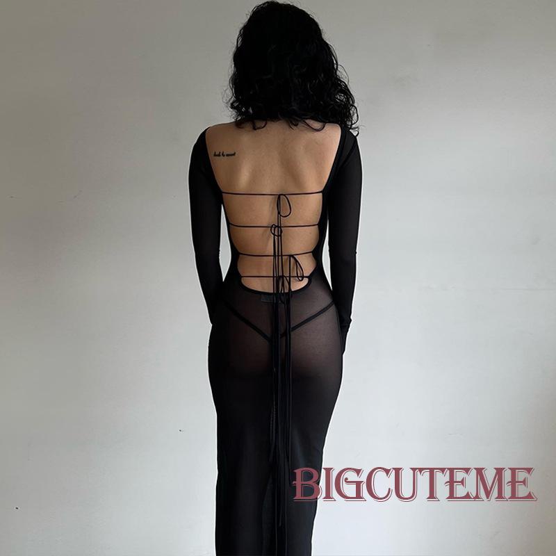 Đầm Dài Đen Phối Lưới Xuyên Thấu Cột Dây Tay Dài Hở Lưng Cho Nữ