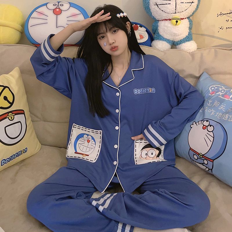 Bộ Đồ Ngủ Hai Mảnh Áo Tay Dài In Hình Doraemon Phong Cách Hàn Quốc Dễ Thương Thời Trang Xuân Thu Cho Nữ