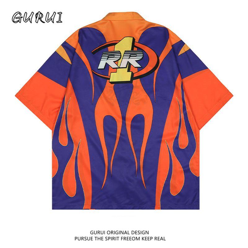 * * O S MI * GURUI Áo Sơ MI Ngắn Tay Dáng Rộng Họa Tiết Ngọn Lửa Phong Cách Hip Hop Retro Hip Hop Đường Phố Cho Nam Và Nữ
