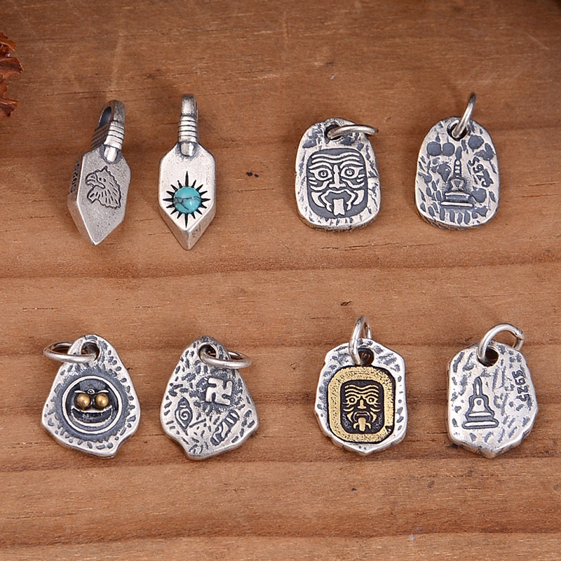 █diy゜ S925 Bạc●Mặt Dây Chuyền Bạc S925 Hình Khiên Zakiram Phong Cách Retro Tây Tạng