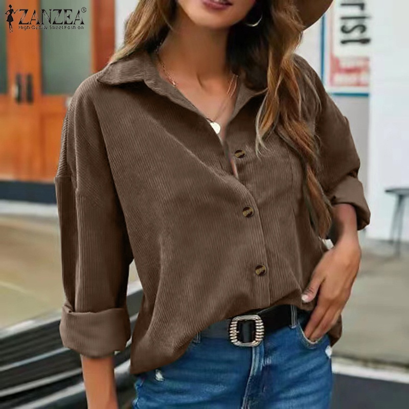 ZANZEA Áo Sơ Mi Dài Tay Vải Nhung Phong Cách Châu Âu Thời Trang Cho Nữ