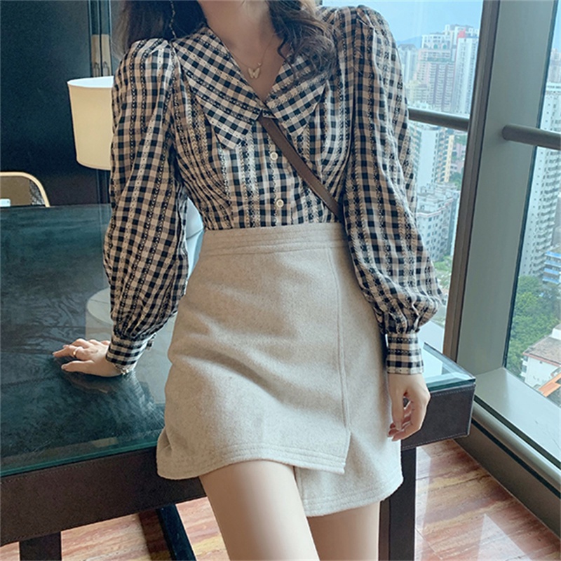 Áo Sơ Mi Tay Phồng Cổ Búp Bê Họa Tiết Sọc Caro Phong Cách Retro Hàn Quốc