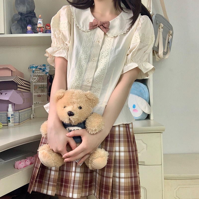 IELGY  Áo Sơ Mi Tay Phồng Cổ Búp Bê Phong Cách Nhật Bản Dễ Thương Cho Nữ