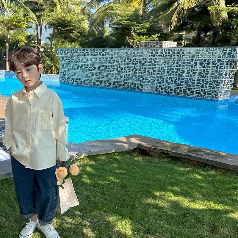 Áo Sơ Mi Tay Dài Màu Trơn Chất Liệu Cotton Thời Trang Cho Bé Trai