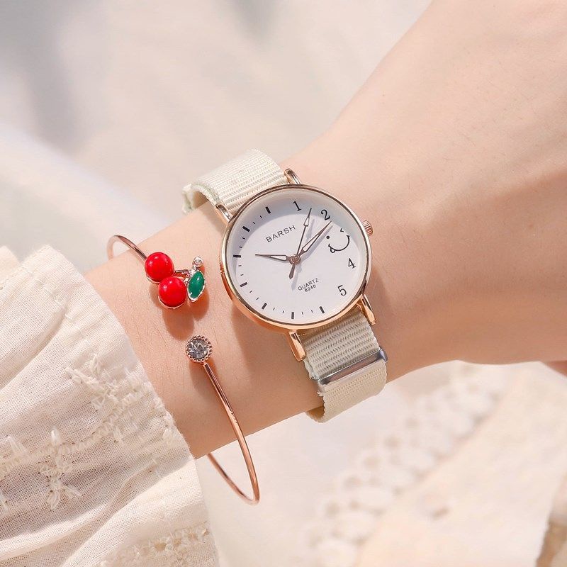 Đồng hồ nữ dây đeo vải nylon mặt cười phong cách đơn giản với vòng đeo tay