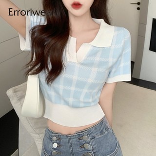 Áo polo nữ Erroriwear dệt kim màu trơn tay ngắn cổ V eo cao gợi cảm