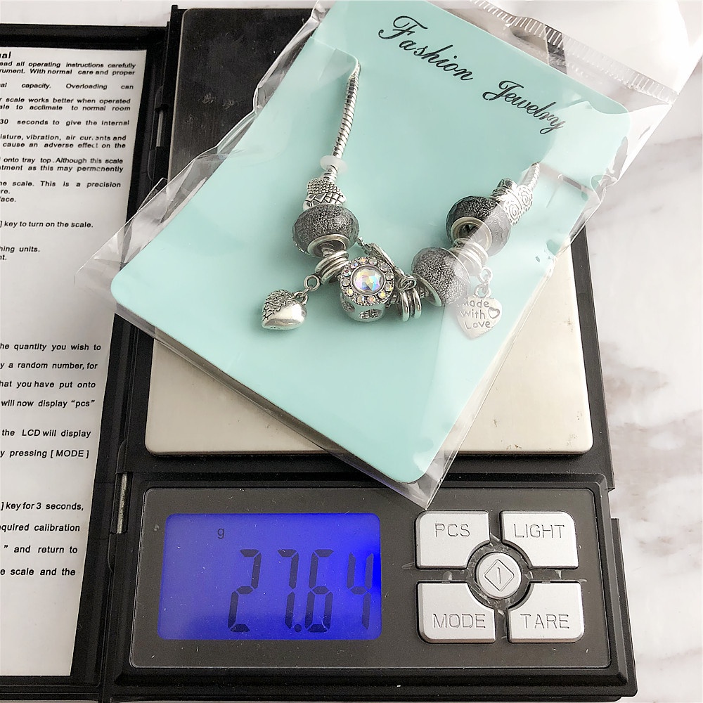 Vòng Tay Nữ Pandora Tặng DIY Kính Đính Hạt Thủy Tinh S925 Bạc Đính Trái Tim Made With Love