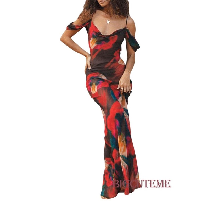 Đầm Dài Không Tay Hở Vai In Họa Tiết Thời Trang Cho Nữ