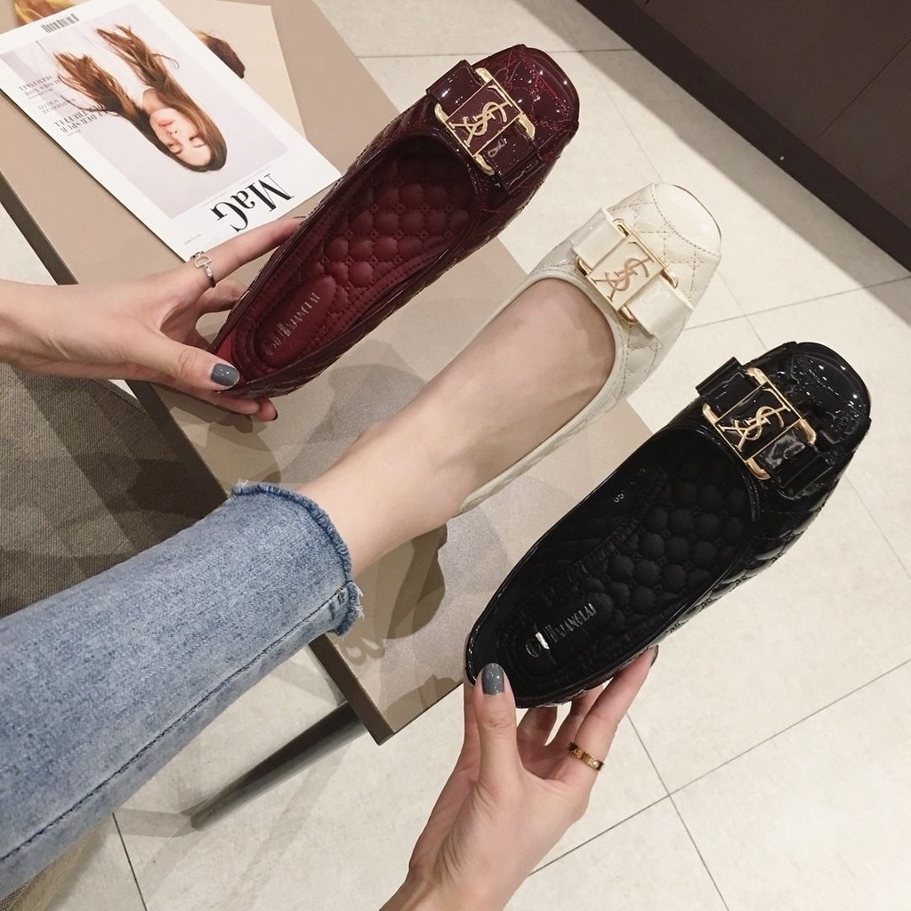 Giày Doudou Mới 2023 Da Bóng Mũi Vuông Đế Phẳng Giải Trí