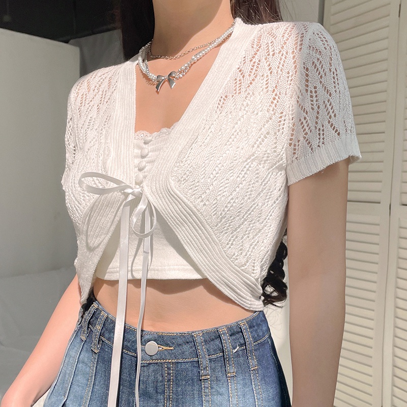 Áo Khoác Cardigan Dệt Kim Tay Ngắn Cổ Chữ V Thời Trang Mùa Hè Cho Nữ