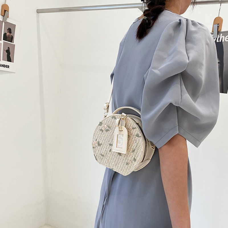 Túi Đeo Vai Tròn Nhỏ Bằng Cói Dệt Hoa Tươi Mới