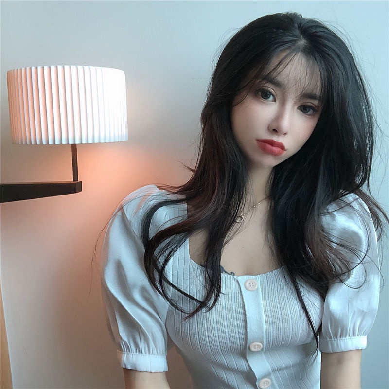 áo croptop dệt kim tay ngắn len trễ vai nữ cổ vuông dáng ôm thời trang mùa hè mới cho nữ