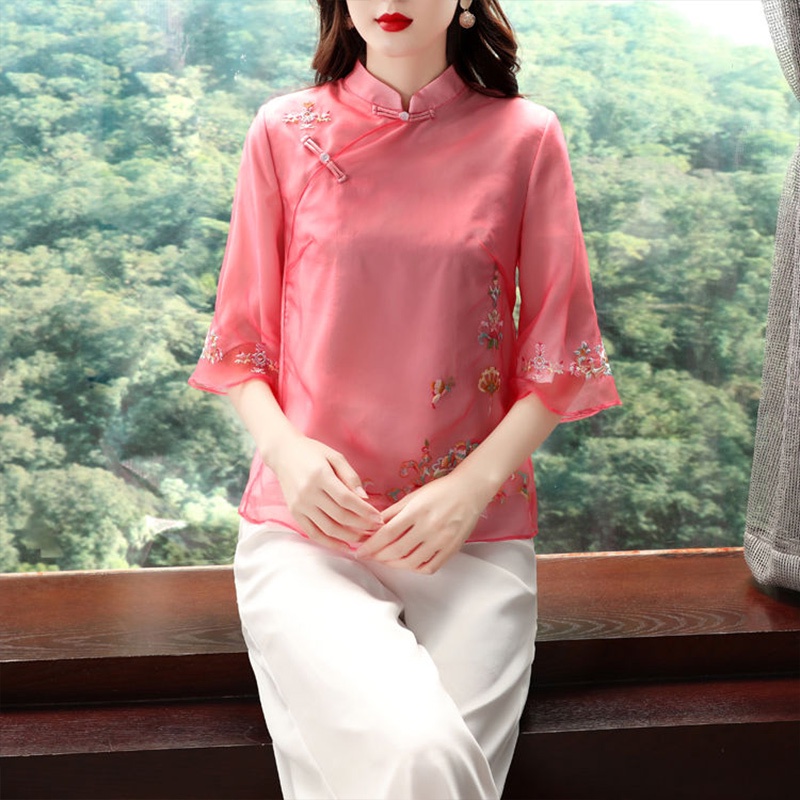Áo Kiểu Trung Hoa Thêu Họa Tiết Thiết Kế Thoải Mái Hợp Thời Trang