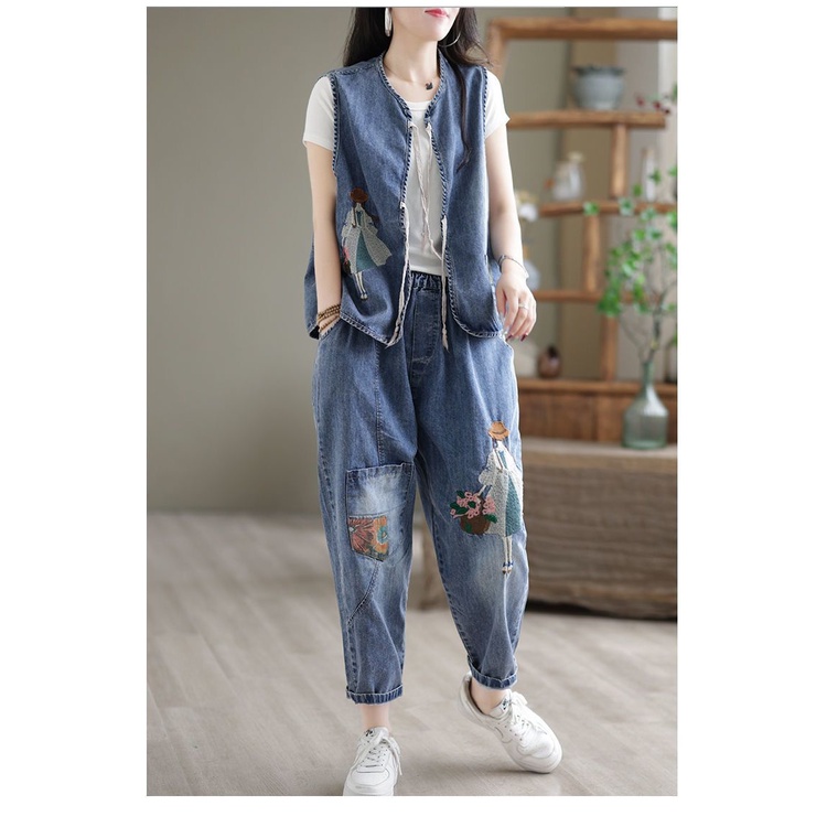 Áo Khoác Denim Không Tay Dáng Rộng Thêu Họa Tiết Cá Tính Theo Phong Cách Vintage