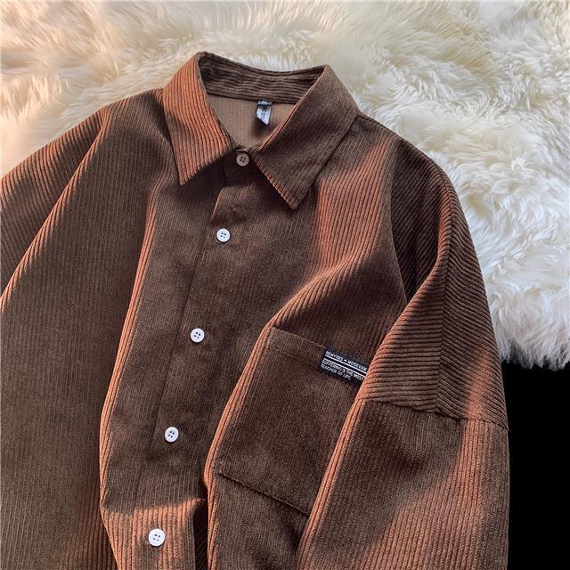 Áo Sơ Mi Nhung Kẻ Dài Tay Dáng Rộng Size Lớn Phong Cách Retro Cho Nam