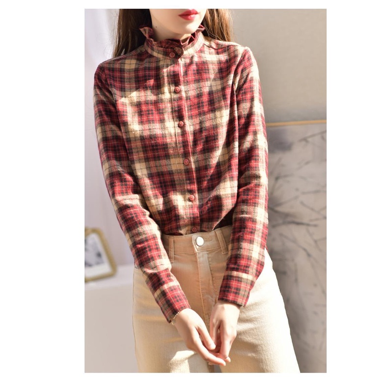 Áo Sơ Mi Cổ Đứng Chất Liệu Cotton Mềm Họa Tiết Sọc Caro Phong Cách Retro Hàn Quốc