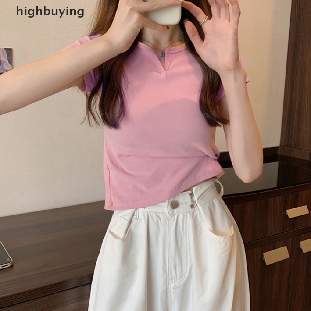 Áo Thun Lửng Tay Ngắn Cổ Chữ V Màu Sắc Đơn Giản Cho Nữ