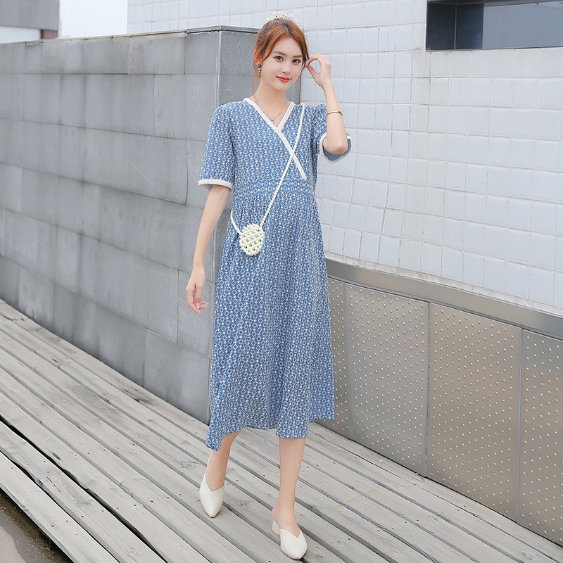 Đầm bà bầu đi biển kỳ nghỉ đầm hoa màu xanh nữ dáng ôm dài vừa phải đầm mẹ bầu