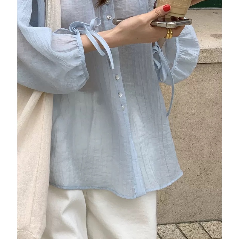 Áo sơ mi voan đũi nhăn cổ tim tay nơ dễ thương MS672