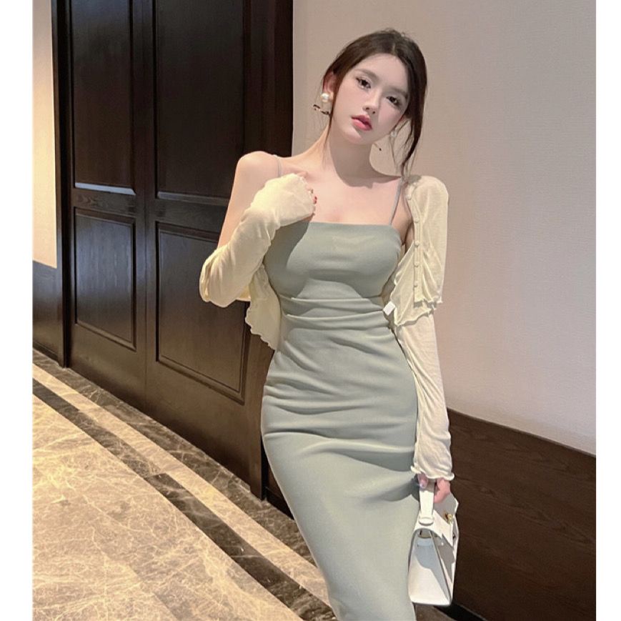 New elegant French gentle dress set with flesh-covering suspender skirt slimming hip-covering long skirt short coat OKBC