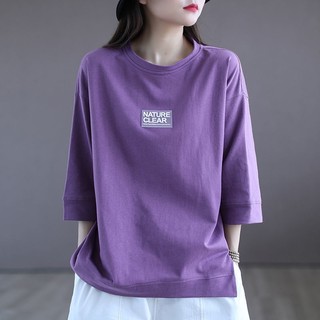 M-3xl 100% Cotton Rời Áo Thun Nữ Cổ Tròn 3 / 4 Tay In Chữ Màu Trơn Áo Sơ Mi Nữ