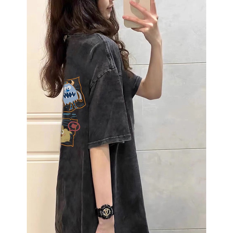 Áo thun NRVP 100% cotton tay ngắn dáng suông in họa tiết hoạt hình phong cách Hàn Quốc cho nữ