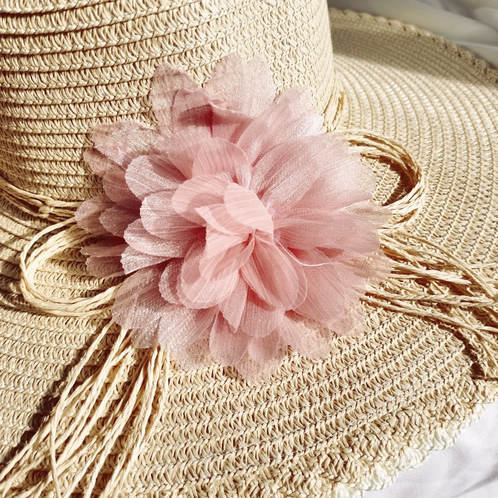 Nón cói, Mũ cói đi biển nữ vành to đẹp gắn hoa vintage -hoa to nhiều màu