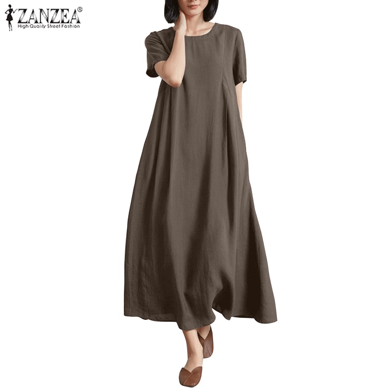 Đầm chữ A ZANZEA ngắn tay có túi phong cách Hàn Quốc cho nữ