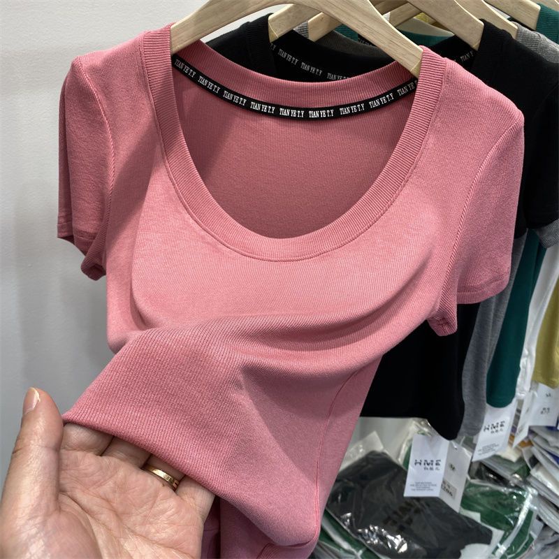 Áo Thun Nữ Ngắn Tay Cổ Tròn Màu Trơn Thời Trang