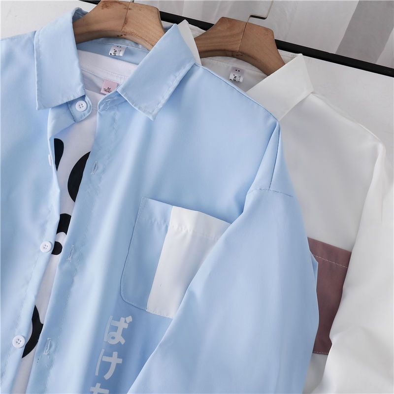 Áo Khoác Sơ Mi Tay Dài Dáng Rộng In Hình Mèo Kiểu Nhật Bản Dễ Phối Đồ Thời Trang Cho Cặp Đôi