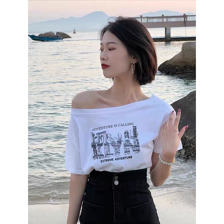 Áo Thun Nữ Trễ Vai Tay Ngắn Dáng Rộng In Hình Thời Trang Mới