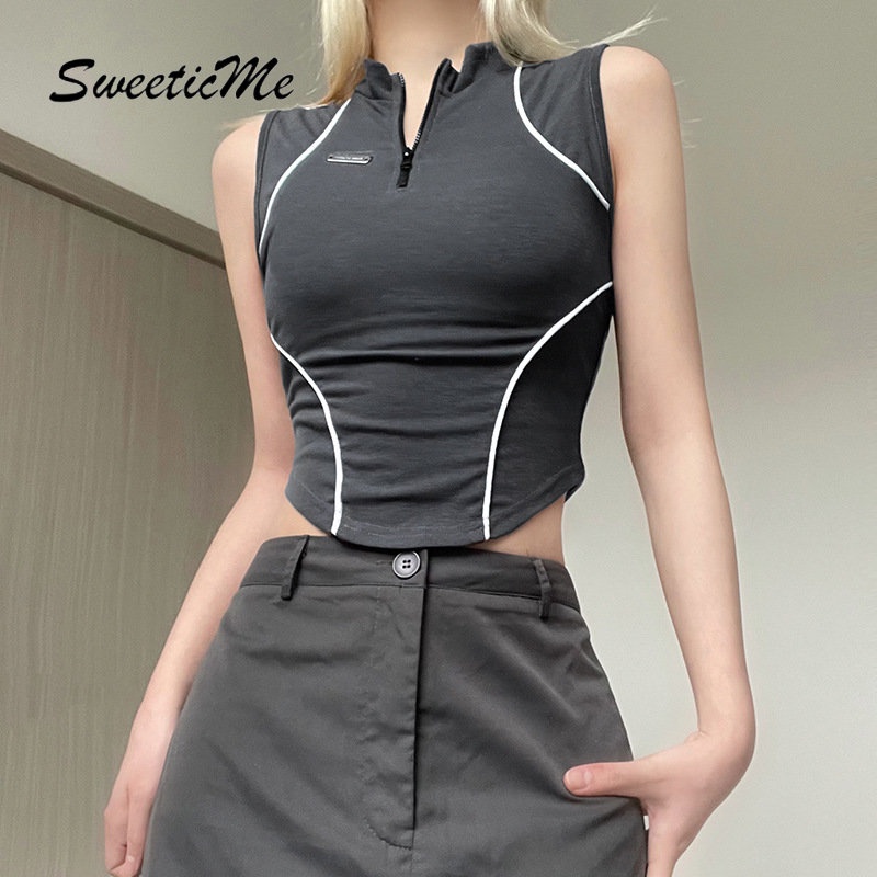 Áo Thun Thể Thao Sát Nách Phối Màu Tương Phản Có Khóa Kéo Thời Trang 2023 Cho Nữ