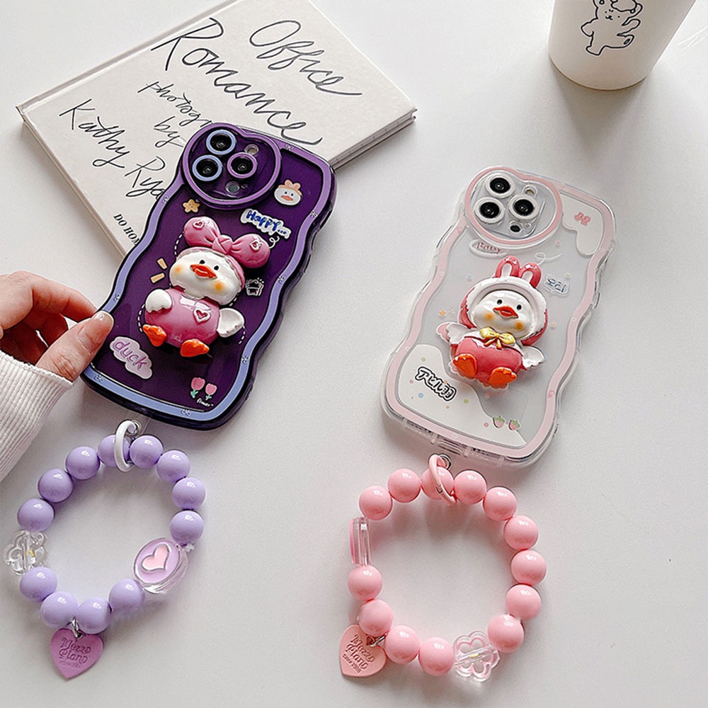 Ốp Điện Thoại TPU Dẻo Họa Tiết Chú Vịt 3D Dễ Thương Chống Sốc Kèm Vòng Đeo Tay Cho IPhone 11 12 13 14 Pro Max 14 Plus