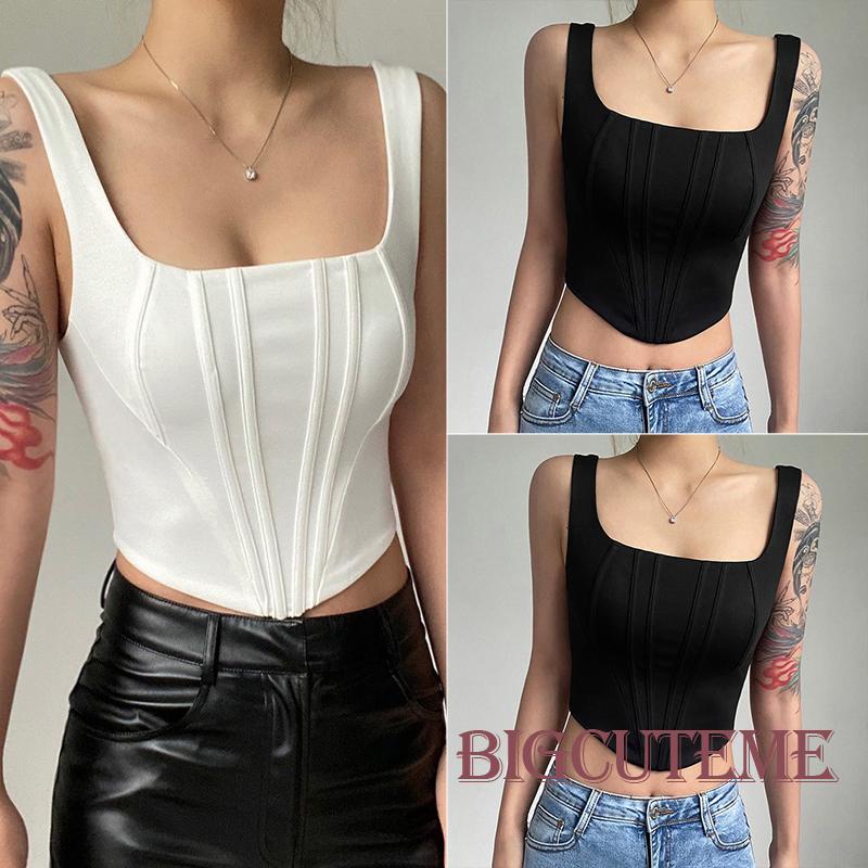 [] Áo Không Tay Cổ Vuông Mỏng Màu Trơn Mùa Hè Dành Cho Nữ