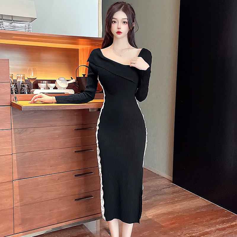 IELGY   Đầm Dệt Kim Dáng Dài Ôm Cơ Thể Phong Cách Pháp Thời Trang Cho Nữ