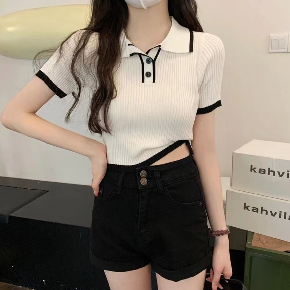 Áo Thun Dệt Kim Tay Ngắn Cổ polo Màu Sắc Tương Phản Thời Trang Mùa Hè Cho Nữ