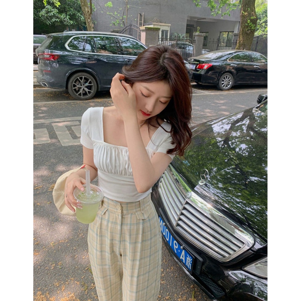 COZOK Áo Thun Lửng Ngắn Tay Cổ Vuông Thời Trang Nữ