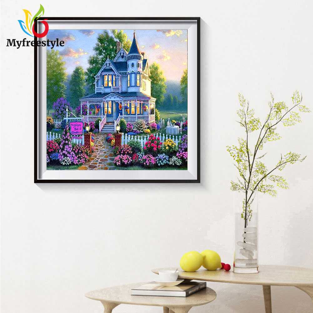 30*30cm Tranh Đính Đá Kim Cương Toàn Bộ Hình Vẽ Biệt Thự Hoa Diy