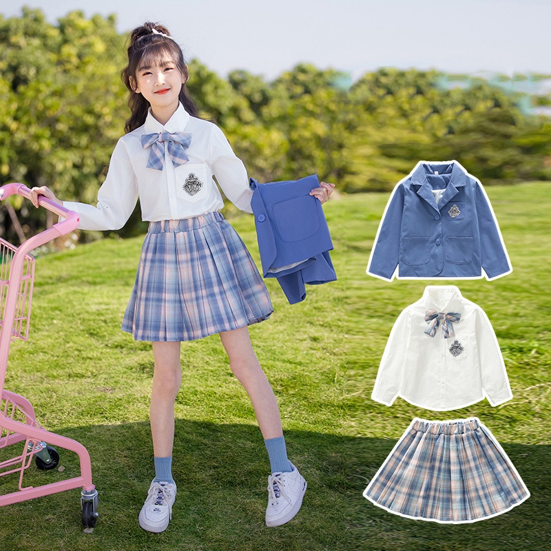 Bộ Đồng Phục 3 Món Gồm Áo Sơ Mi Tay Dài Và Chân Váy Xếp Ly Dành Cho Bé Gái