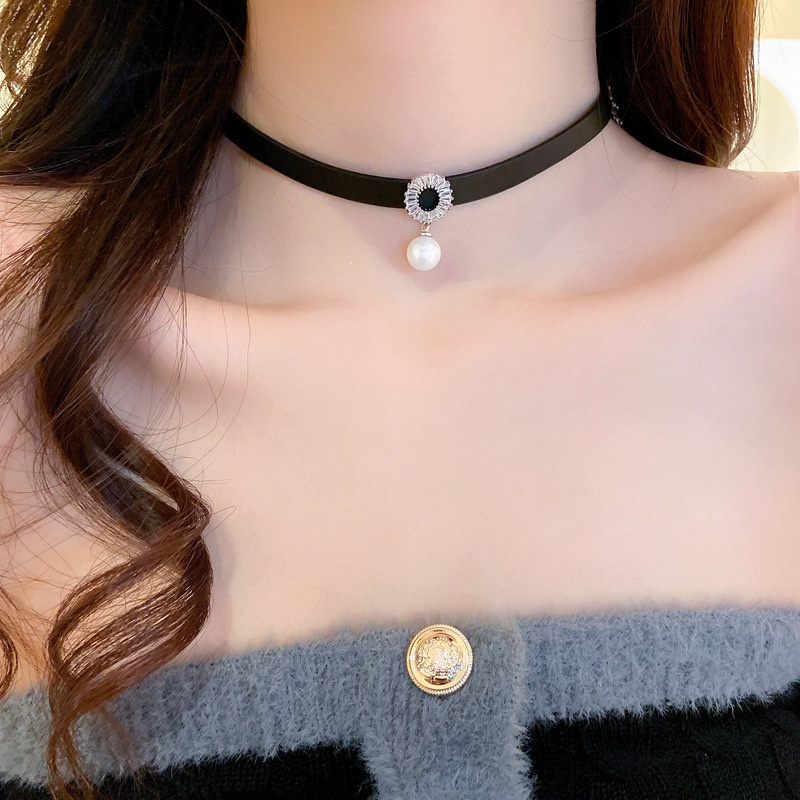 Vòng cổ Da Đính Hạt Ngọc Trai Phong Cách Hàn Quốc