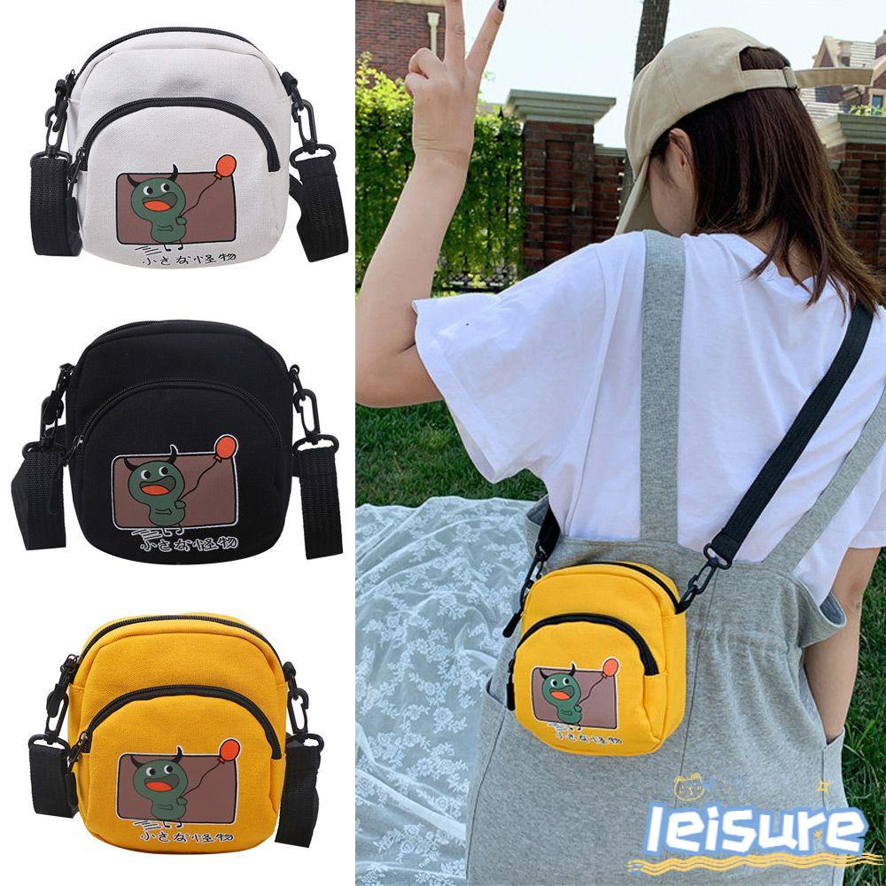 ♫Daphne♫ Túi Canvas Đeo Chéo Đựng Điện Thoại In Hình Khủng Long Hoạt Hình Phối Khóa Kéo Đơn Giản