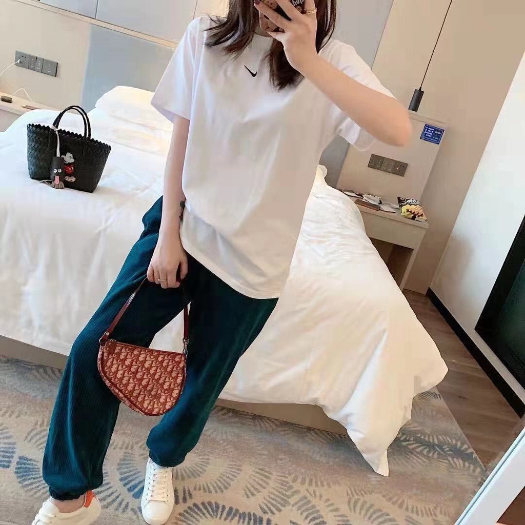 Cặp Áo Thun cotton Nguyên Chất Thêu Chữ NK Tay Ngắn Dáng Rộng Móc Hàng Trăm lap + Thẻ Treo Cho Cặp Đôi