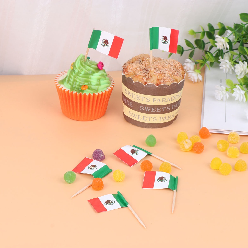 Set 100 Que Cắm Trang Trí Bánh Kem Tạo Hình Lá Cờ Mexico